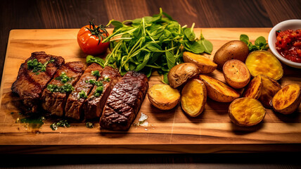 Culinary Delight Sizzling Juicy Steak on the wood table"