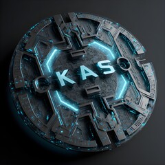 the word KAS on a standalone cryptocurrency 3D digital see through electronic circuitry ai coin made of silver abstract with neon silver blue lights cyberpunk 