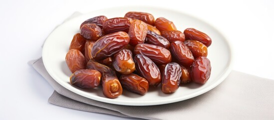 Top view of organic dried dates fruits on a white plate with copy space with copyspace for text