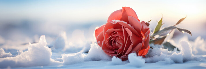 Red frozen rose on the snow. Horizontal banner