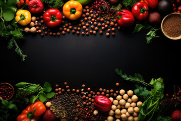 Healthy vegan food, clean eating, dieting. Flat lay frame of greens, broccoli, tomatoes, soybeans or chickpeas, bell peppers on a black background