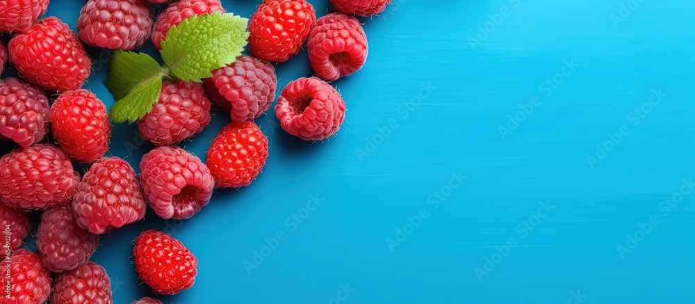 Poster raspberry pattern from above on blue backdrop