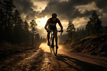 Rider cyclist on a mountain, cyclocross or gravel bike rides on a dirt road