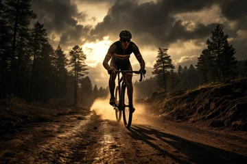 Rolgordijnen Rider cyclist on a mountain, cyclocross or gravel bike rides on a dirt road © Michael