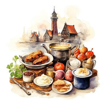 A watercolor illustration of traditional Dutch cuisine, depicting popular dishes and ingredients. Enjoy the vibrant colors of this unique food culture