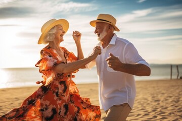 Senior couple dancing on the beach. Retirement elderly family travel in vacations and summer. Generative AI 