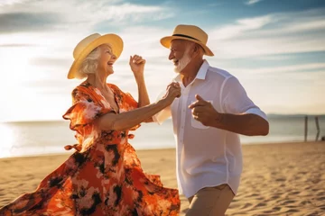 Abwaschbare Fototapete Senior couple dancing on the beach. Retirement elderly family travel in vacations and summer. Generative AI  © FrameFrenzy