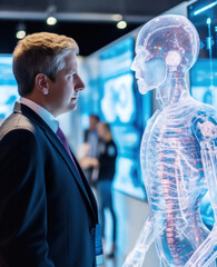 Businessman looking at a futuristic robot in robotics exhibition
