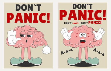 Don't panic! Mental Health Day. A set of posters with a cartoon character brain. Vector illustration in a trendy retro style.