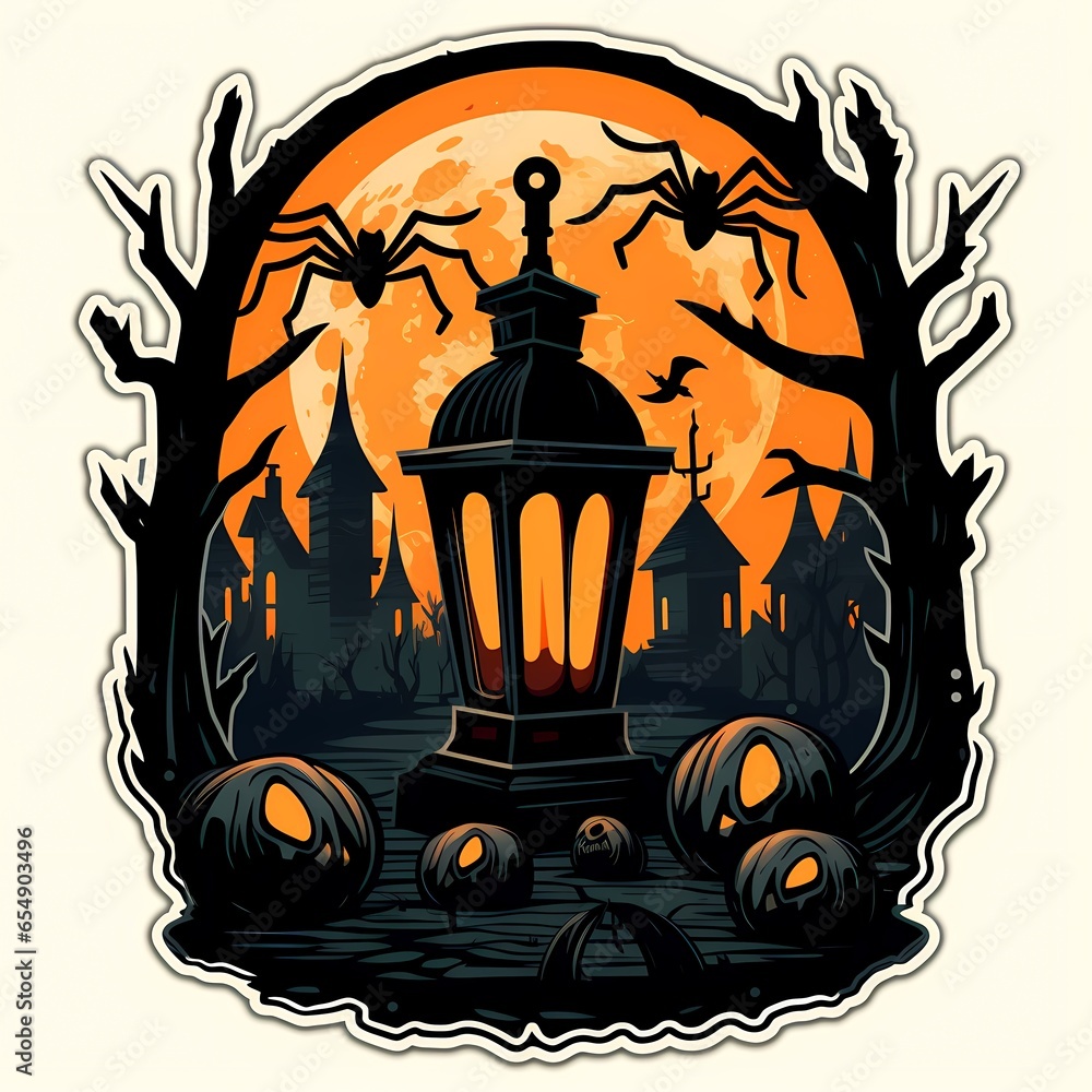 Poster sticker with lantern and pumpkins in front of full moon.