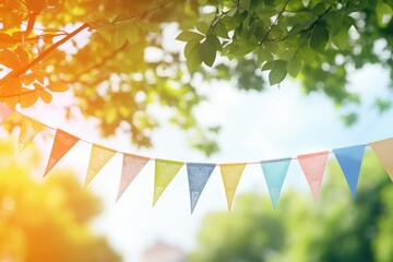 Pennant String Decoration - Party in the Outdoors - Green Tree Foliage - Blue Sky - Summer Celebration - AI Generated - obrazy, fototapety, plakaty
