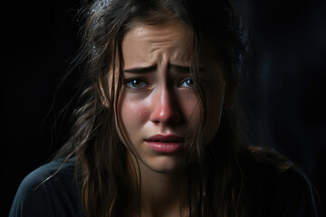 Sad desperate crying woman on dark background