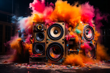 Group of speakers covered in colored powder on black background.