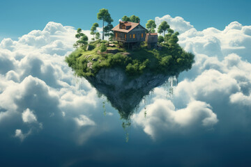 Levitating dream house in the blue sky