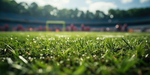 football field lawn close-up, blurred stadium on background - obrazy, fototapety, plakaty