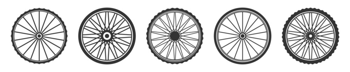 Bicycle wheel icon set. Bike wheels collection. Bicycle tyres. Silhouette style vector icons.