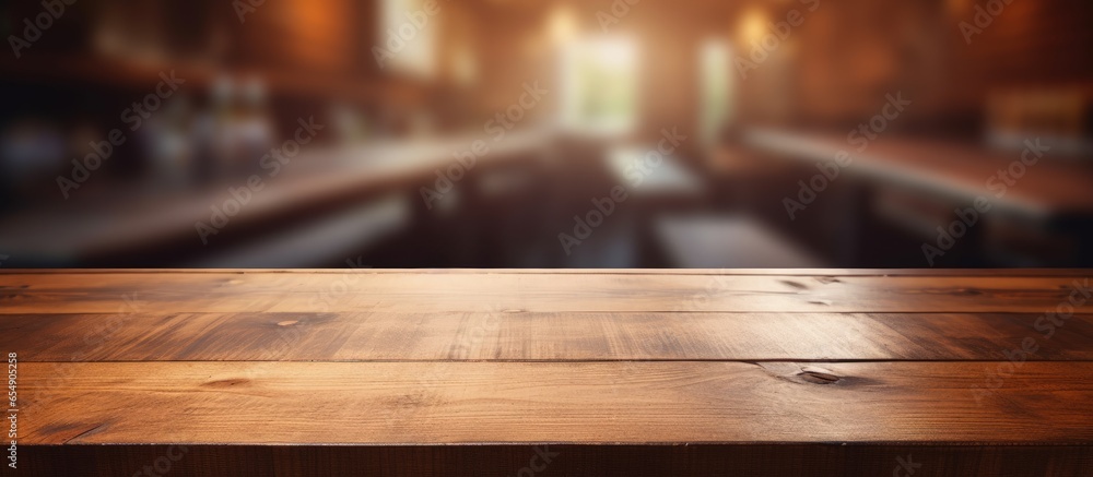Poster empty brown wooden table with blurred cafe background for photo display or product showcase with cop