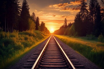 Forest trees along a railroad on an summer sunset. Train tracks travel concept. Generative AI  - obrazy, fototapety, plakaty