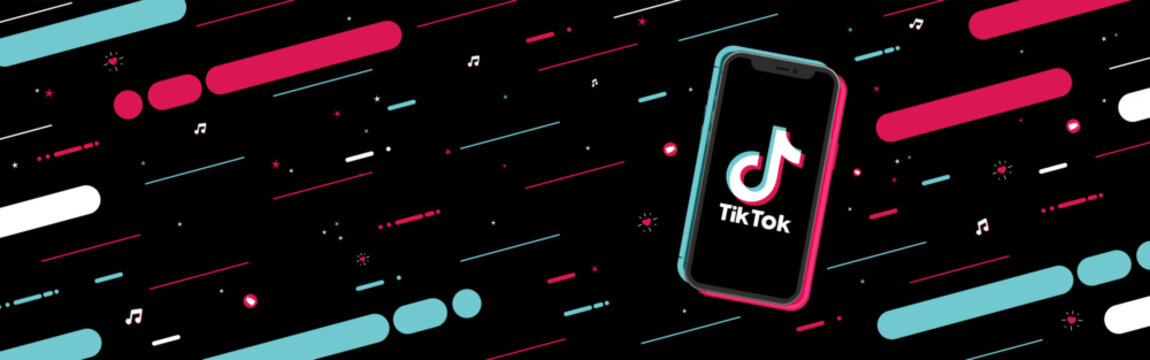 Tik Tok banner with copyspace. Logo on the screen phone with a modern pattern consisting of colored stripes on a dark background. Vector illustration. Rosario, Argentina - September 29, 2023.