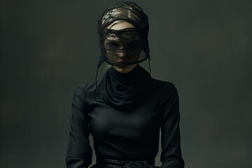 Fototapeta na wymiar Black Fashion. Hidden Sadness. Strength. Widow concept 