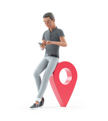 3d character man using smartphone next to map pin