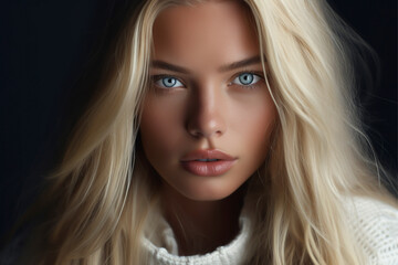 Close-up portrait of a very beautiful young woman with light blue / gray eyes and long blonde hair, wearing a white sweater top - isolated, dark background - obrazy, fototapety, plakaty