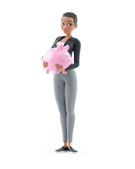3d character woman standing with piggy bank