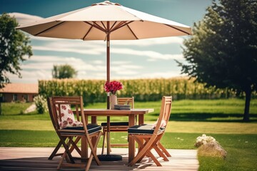 Table, chairs and umbrella outdoors in garden. Summer spring picnic concept. Generative AI 
