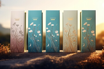 packaging for a line of premium tea blends, using calming colors and botanical illustrations to evoke tranquility and serenity