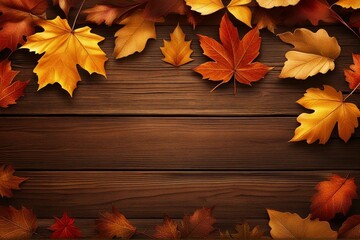 Naklejka na ściany i meble Top view of autumn orange leaf on white wooden deck background, copy space. Generative AI