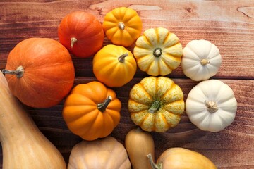 Pumpkins and squashes gourds on wooden background.
