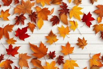 Top view of autumn orange leaf on white wooden deck background, copy space.  Generative AI