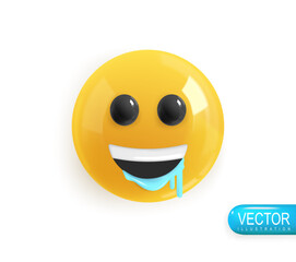 Emoji face drooling with happiness. Realistic 3d design. Emoticon yellow glossy color. Icon in plastic cartoon style isolated on white background. Vector illustration
