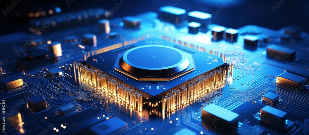 Poster digital chip with lights on a blue background quantum computer large data processing cpu isometric b