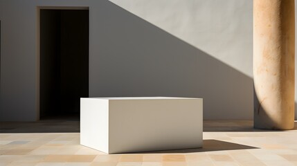 Eloquence in Empty Space: An Outdoor Minimalistic Expanse Illuminated by Natural Light, Anchored by a White Rectangular Stone, Set against a Stark Wall's Backdrop