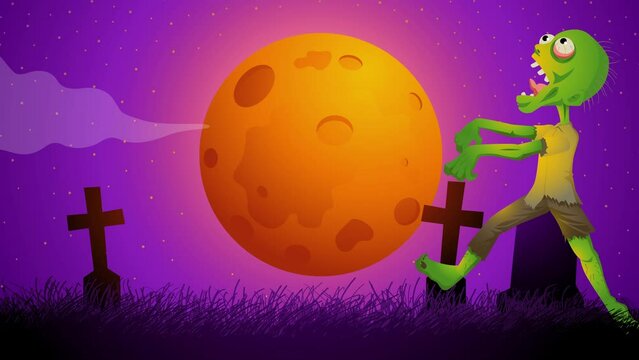 Spooky and fun Halloween animations with this engaging motion graphic of a cartoon zombie leisurely strolling through a moonlit cemetery on a full moon night, perfect for Halloween-themed content