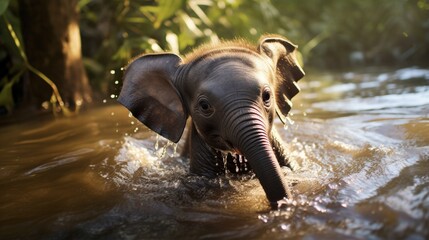 A curious baby elephant splashing in a jungle river, its wrinkled skin glistening with water droplets.