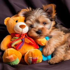 Cute yorkshire terrier puppy sleeping with his teddy bear. Illustration. Created with Ai technology