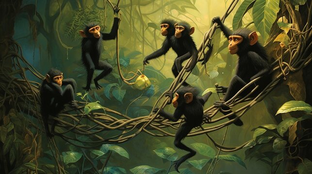 A group of rambunctious spider monkeys swinging through the jungle vines, their long limbs and prehensile tails allowing for incredible agility.