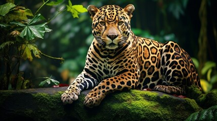 A regal jaguar resting on a moss-covered jungle rock, its powerful presence and spotted coat blending seamlessly with the natural beauty of the rainforest.