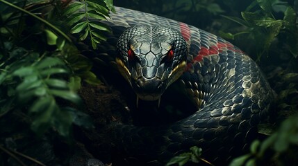 A solitary king cobra slithering through the jungle foliage, its hooded head and distinctive markings a symbol of its deadly reputation.