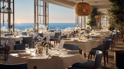 The interior of a prestigious dining establishment with unobstructed sea views, where every detail exudes elegance and refinement.
