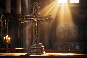 Divine Illumination: Catholic Cross on Altar Lit by Sunlight