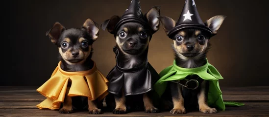 Poster Three adorable puppies wearing Halloween costumes witch superhero and frog prince with copyspace for text © 2rogan