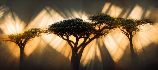 Abstract African DRACAENA CINNABARI tree texture setting sun sunrays filtering through branches minimal 8k realistic  - obrazy, fototapety, plakaty