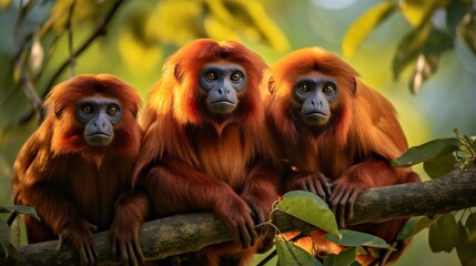 A family of red howler monkeys high in the jungle canopy, their distinctive calls echoing through the dense foliage.