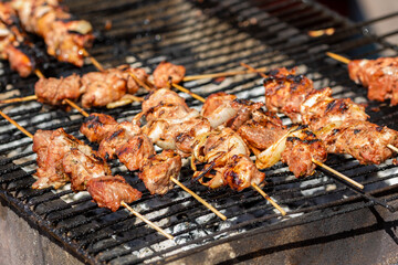 Roasted meet during cooking on mesh