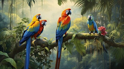 A family of striking macaws perched in the jungle canopy, their brilliant plumage adding a burst of color to the lush green surroundings.