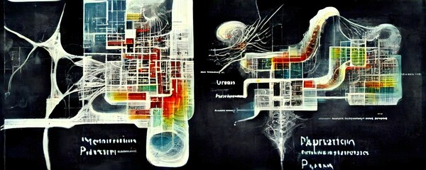 nervous system neurotransmittors impulses data transfer urban plan masterplan data transfer layers quantum perception complexity superposition paradigm shifts in urban planning and architecture  - obrazy, fototapety, plakaty