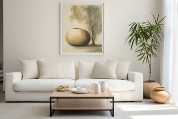Fototapeta na wymiar A modern living room featuring a white couch, a painting, a coffee table with a lamp, and a vase with a plant. Generative AI